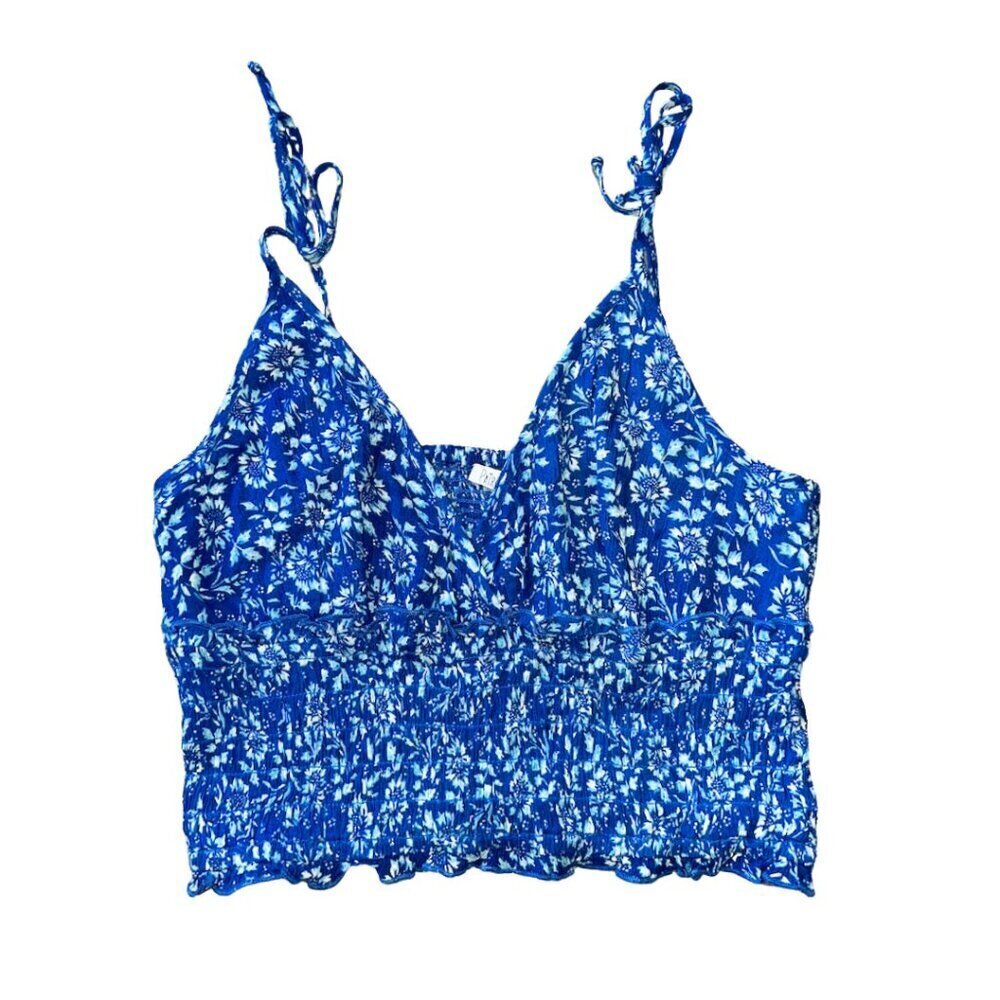 Blue Floral V Neck Crop Top Ruched Patrons of Peace Women's Small